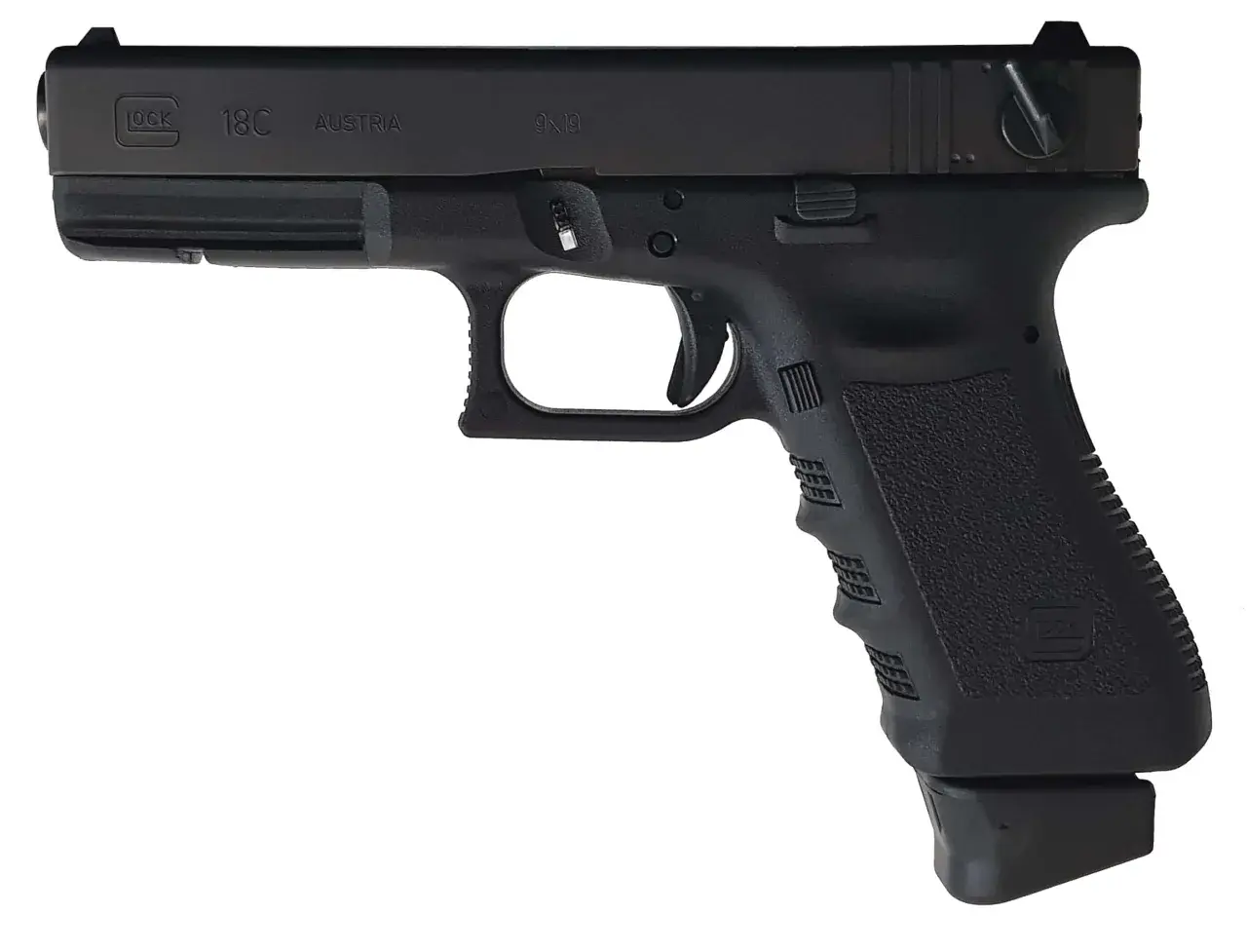 Pistolet Glock 18C, fabriqué en Autriche, calibre 9x19, avec sa poignée texturée et son chargeur étendu.