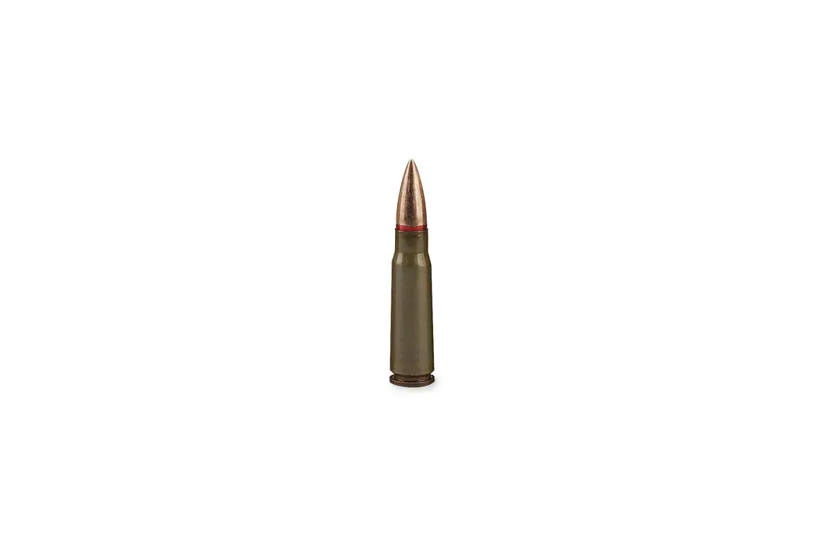 Une balle de kalachnikov, avec son projectile cuivré et son étui vert olive, prête à l'action.