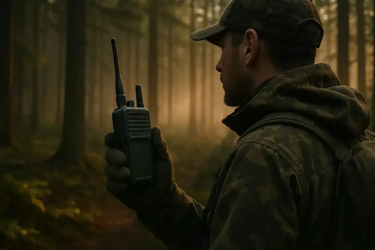 Chasseur dans la forêt, ajustant la fréquence talkie walkie pour rester en contact.