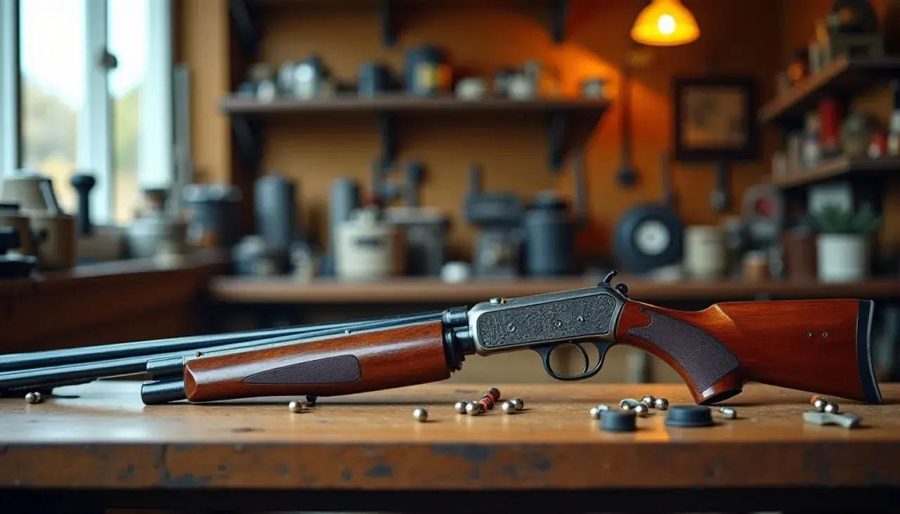 Carabine à levier, bois sombre, métal gravé. Des balles rondes et des douilles jonchent la table. Imaginez la puissance joule d'un pistolet 9mm dans ce contexte.
