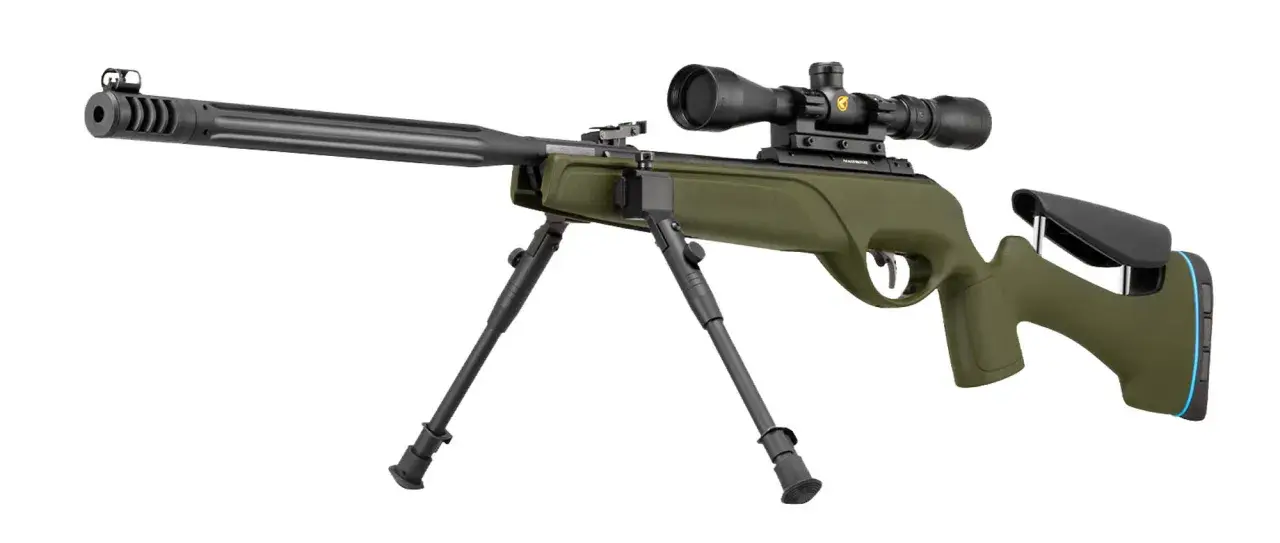 Carabine verte avec lunette et bipied. La question est : a partir de combien de joules faut il un permis ?