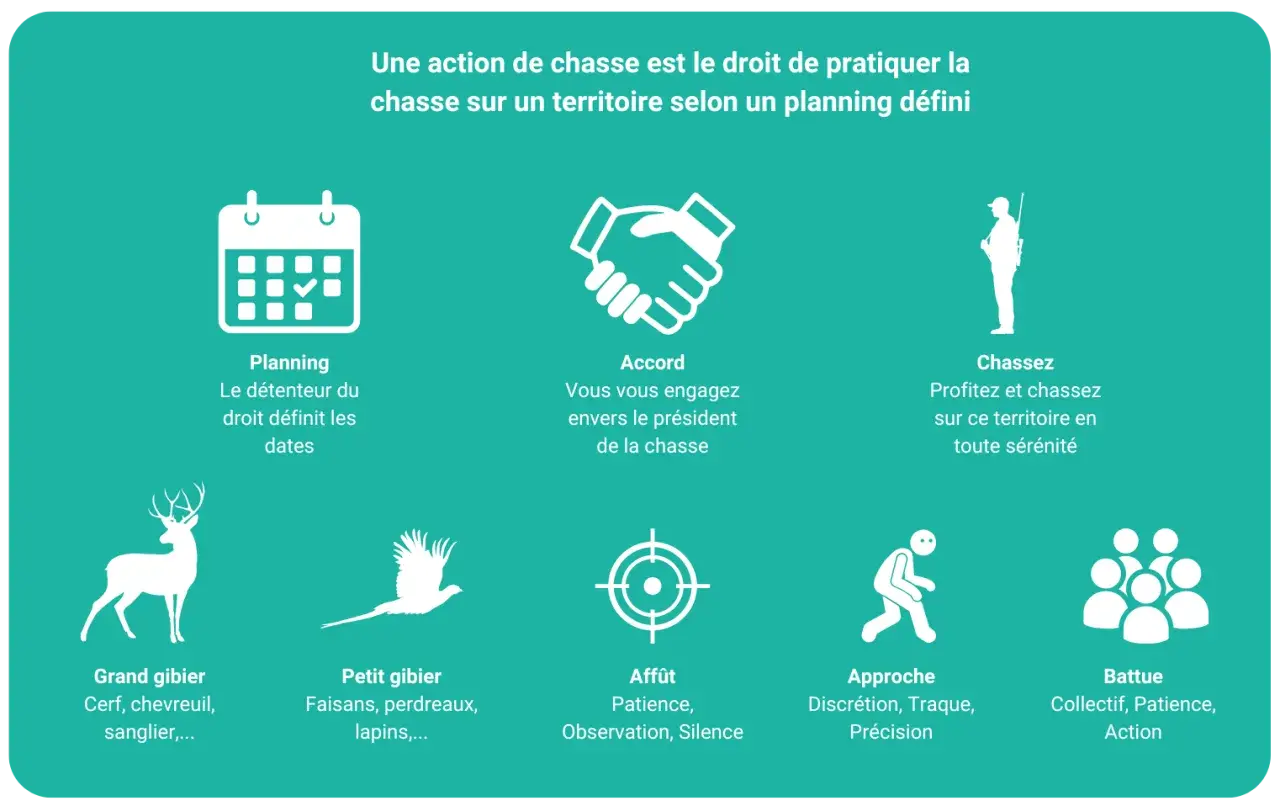 Icônes illustrant différents aspects de la chasse : planning, accord, chasseur, grand et petit gibier, affût, approche, battue. Ce type de chasse est réglementé.