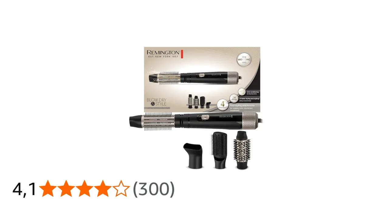 Brosse soufflante Remington 750 avec 4 accessoires pour un coiffage rapide et sans frisottis. Idéale pour cheveux mi-longs.