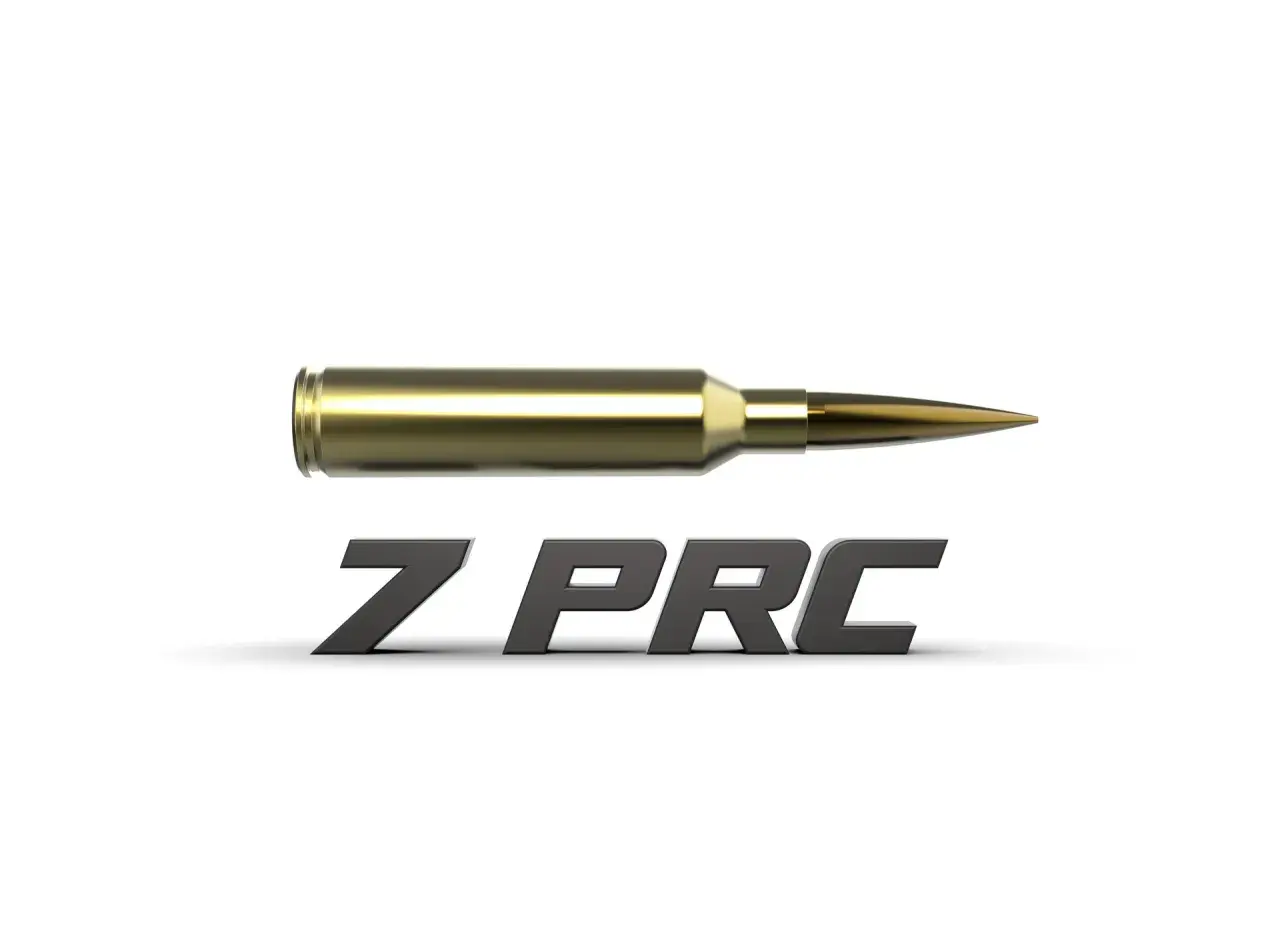Une cartouche dorée de calibre 7mm PRC flotte au-dessus du texte 7 PRC en 3D.