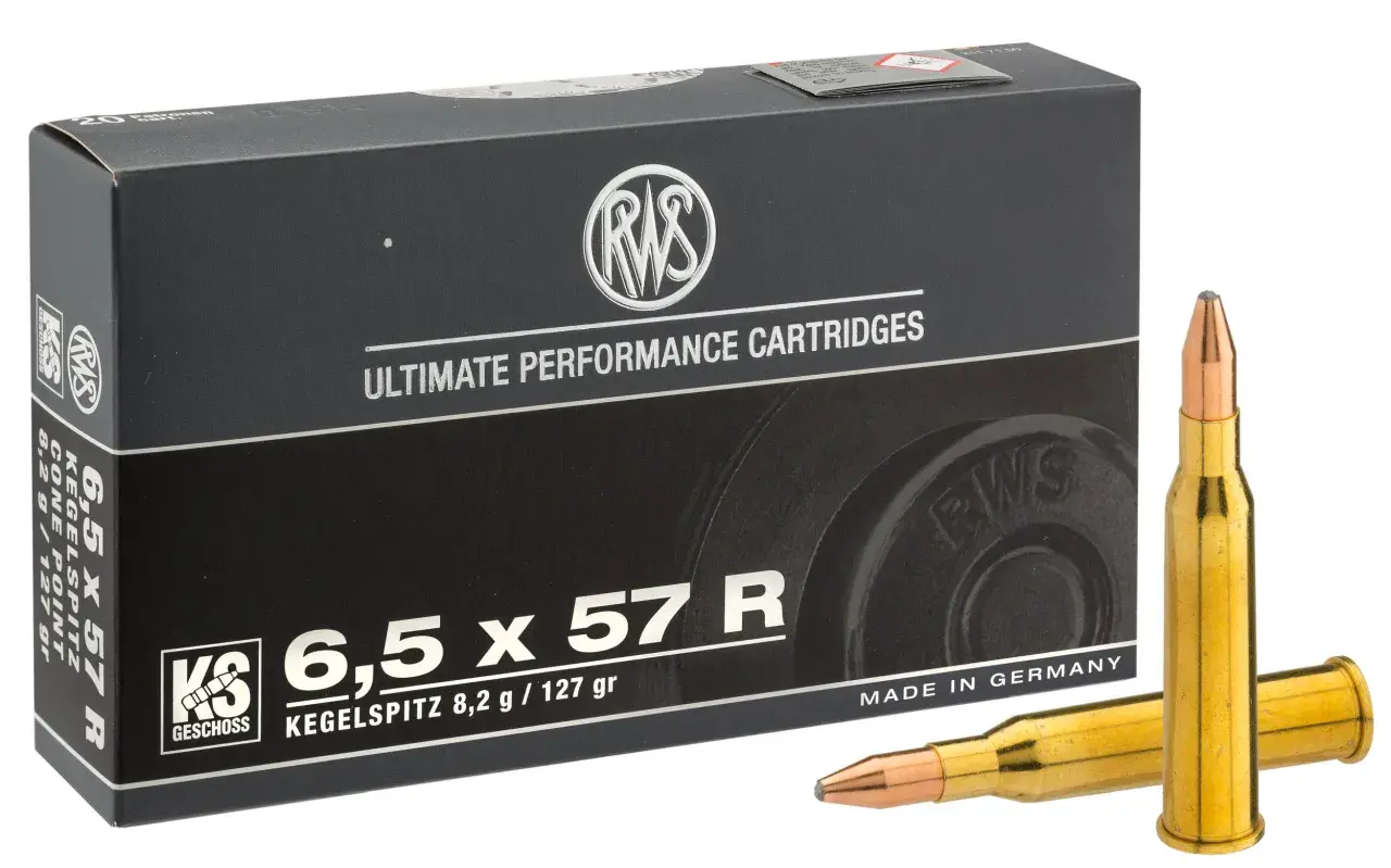 Boîte de munitions RWS calibre 6,5 x 57 R, avec deux cartouches visibles. La balistique de ce calibre est idéale pour la chasse.