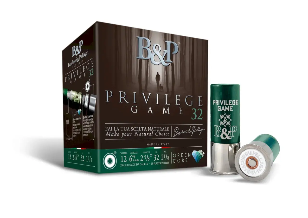 Boîte et cartouches de chasse Baschieri & Pellagri, modèle Privilege Game 32. L'image met en avant la qualité et le choix naturel.