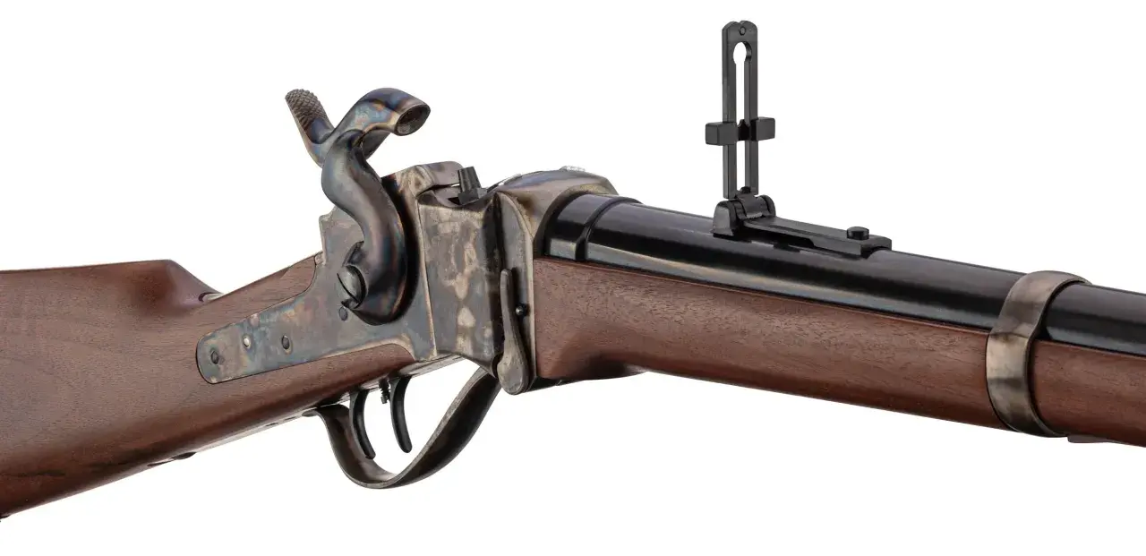 Détail d'une carabine de chasse la plus précise, avec sa crosse en bois sombre, son mécanisme de culasse ouvrante et sa hausse réglable.