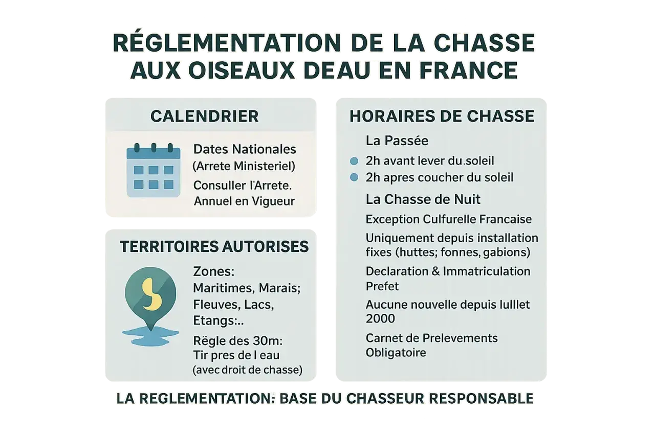 Réglementation de la chasse aux oiseaux d'eau en France : calendrier, horaires, territoires autorisés. La chasse au gibier d'eau est encadrée.