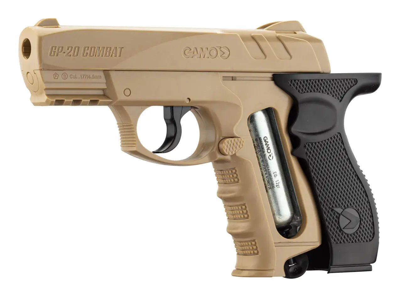Pistolet Gamo GP-20 Combat, calibre 4.5mm, 20 joules, avec cartouche CO2 12gr. Idéal pour le tir de loisir.