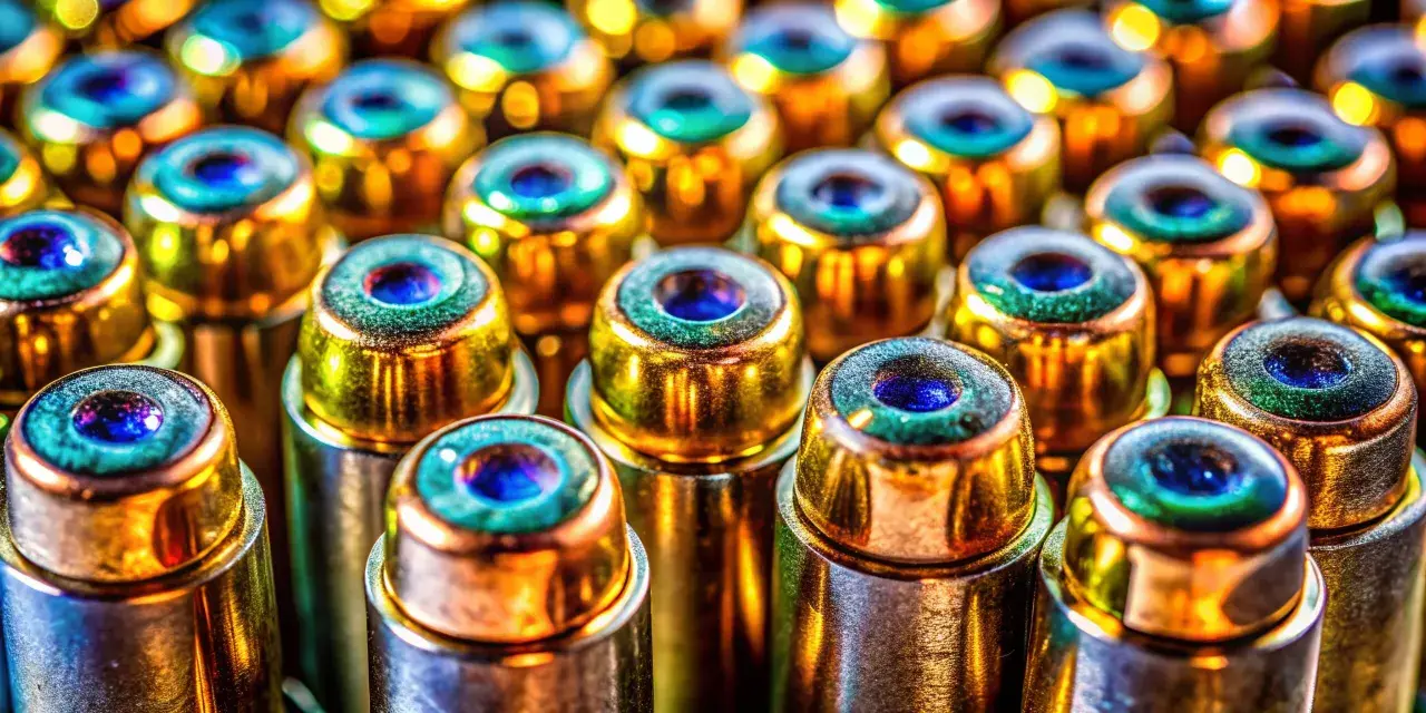 Rangée de munitions 44 magnum Geco, aux reflets dorés et bleus, prêtes à l'action.