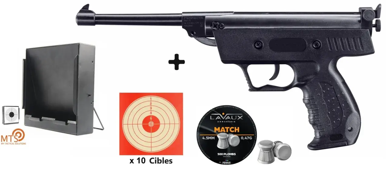 Pistolet à air comprimé Perfecta S3, 4,5 mm, avec boîte de rangement, cibles et plombs. Attention, ce pistolet 3 joules dangereux nécessite une utilisation responsable.