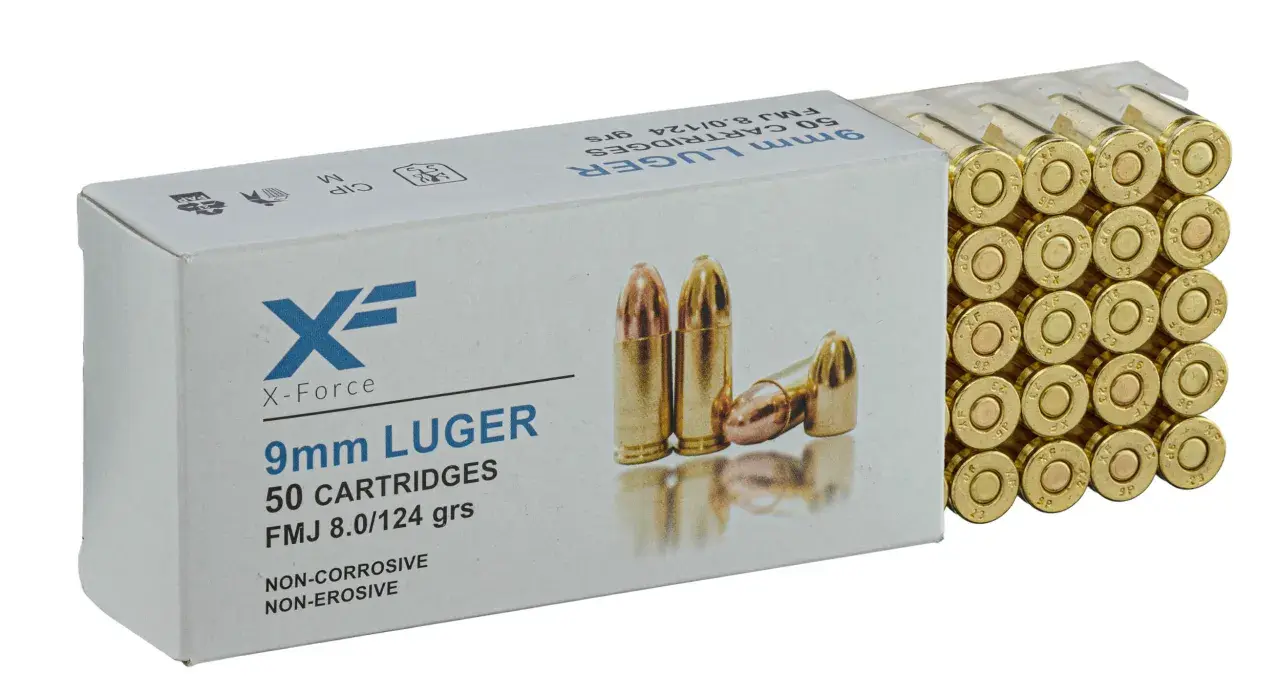 Boîte de 50 cartouches 9mm Luger FMJ 8.0/124 grs, poids balle 9mm.
