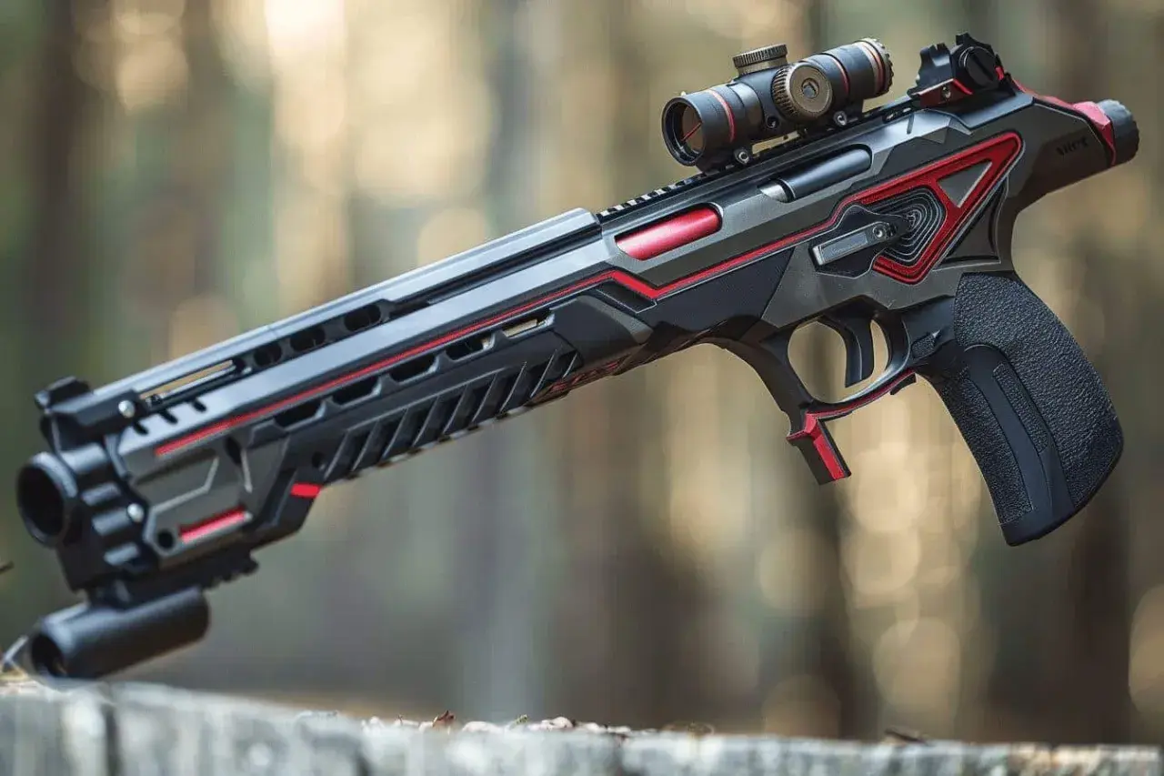 Un fusil pour sanglier au design futuriste, noir et rouge, avec lunette de visée, posé sur une souche en forêt.