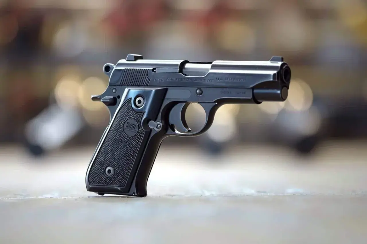 Pistolet Beretta 92FS, une arme légale en France, posé sur une table.