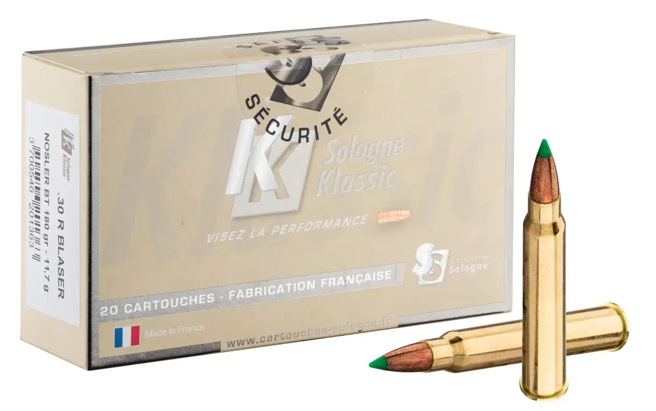 Boîte de cartouches .30 R Blaser, calibre 30r blaser balistique, avec deux munitions sur le côté. Fabrication française.