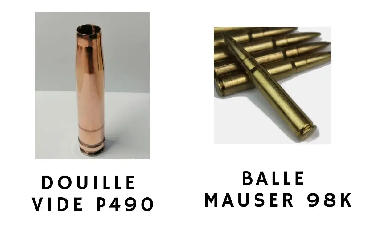 Comparaison : douille vide P490 à gauche, balles réelles Mauser 98K à droite.