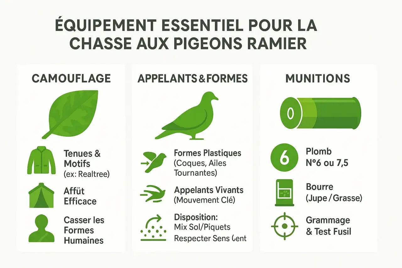 Équipement pour la chasse au pigeon : camouflage, appelants, et munitions. Le bon plomb, N°6 ou 7,5, est essentiel.