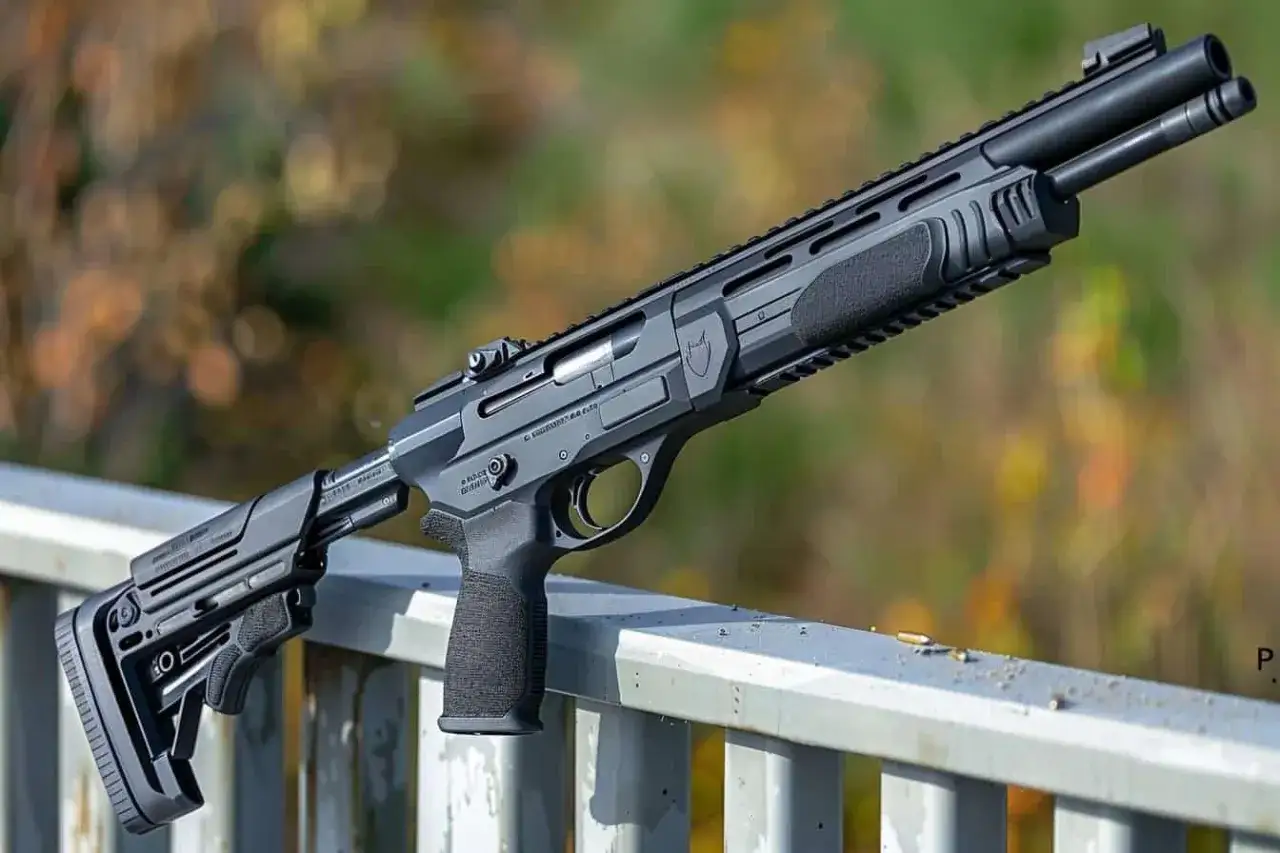 Un fusil tactique noir, avec une crosse r&eacute;glable et une poign&eacute;e ergonomique, pos&eacute; sur une rambarde. C'est le premier fusil de collection.