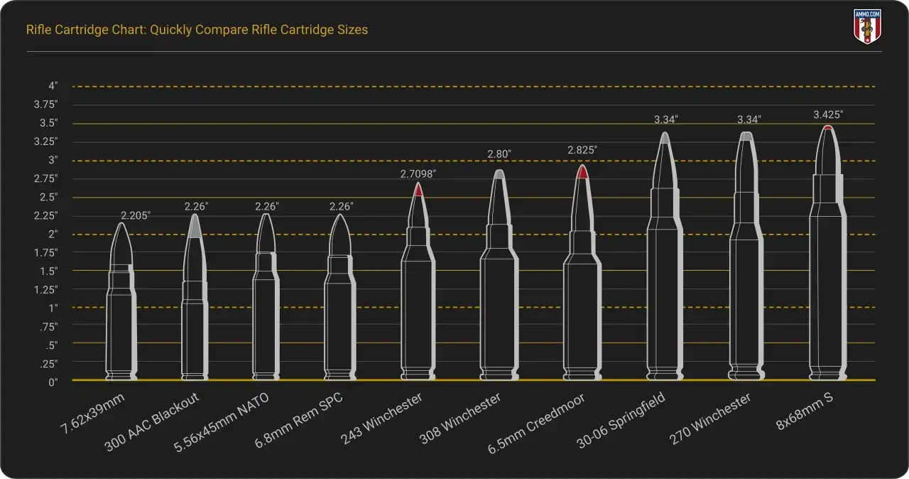 Comparaison visuelle de la taille des cartouches de fusil, incluant la balle de Kalachnikov.