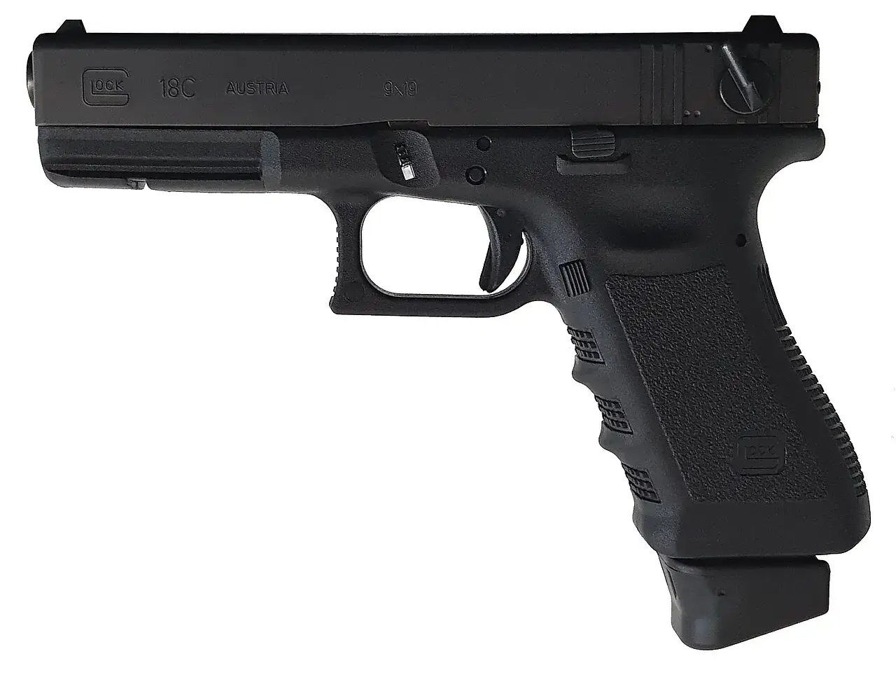 Pistolet Glock 18C noir, fabriqué en Autriche, calibre 9x19.