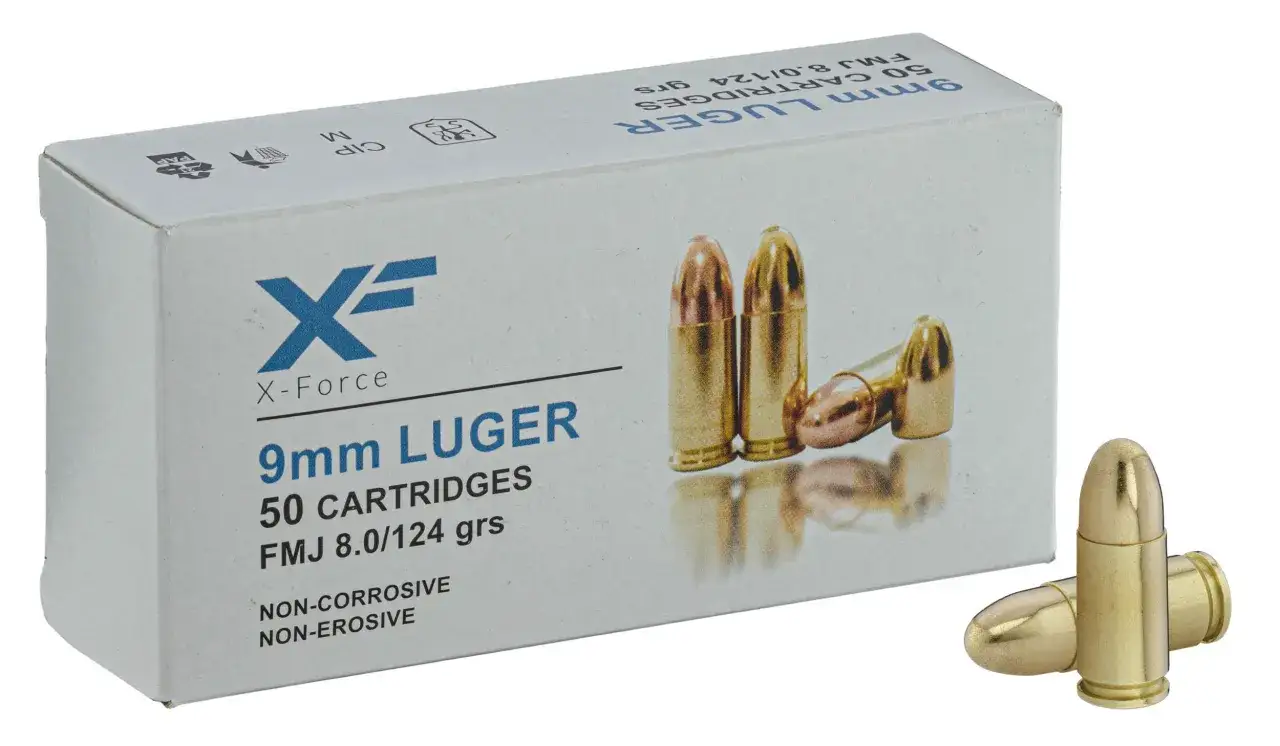 Bo&icirc;te de munitions 9mm LUGER X-Force, 50 cartouches FMJ 8.0/124 grs. La vitesse de la balle 9mm est optimis&eacute;e pour la pr&eacute;cision.