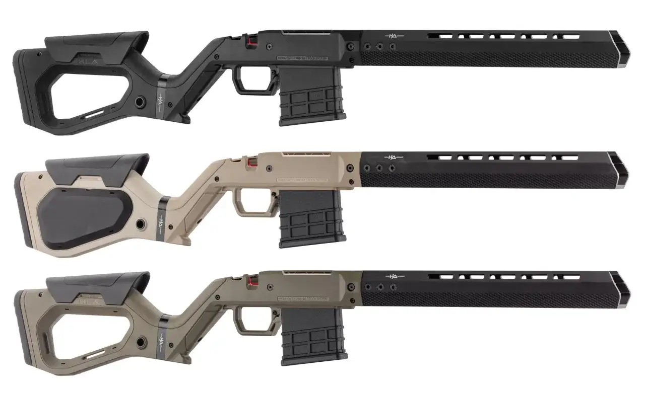 Trois crosses HERA pour Remington 700 custom, en noir, sable et vert olive, avec chargeurs 308.