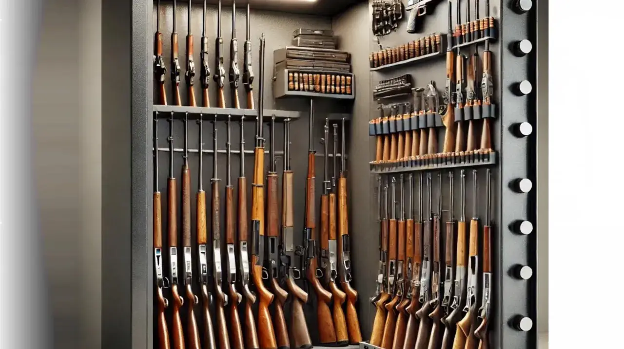 Un coffre-fort rempli d'armes à feu, dont des fusils et des munitions. La question