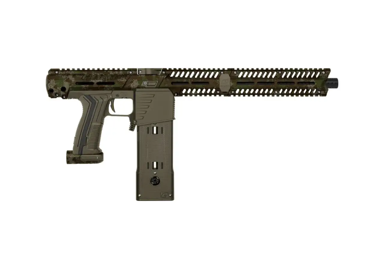 Gomme cogne 100 joules, arme de paintball au camouflage urbain, avec chargeur vertical et rail tactique.