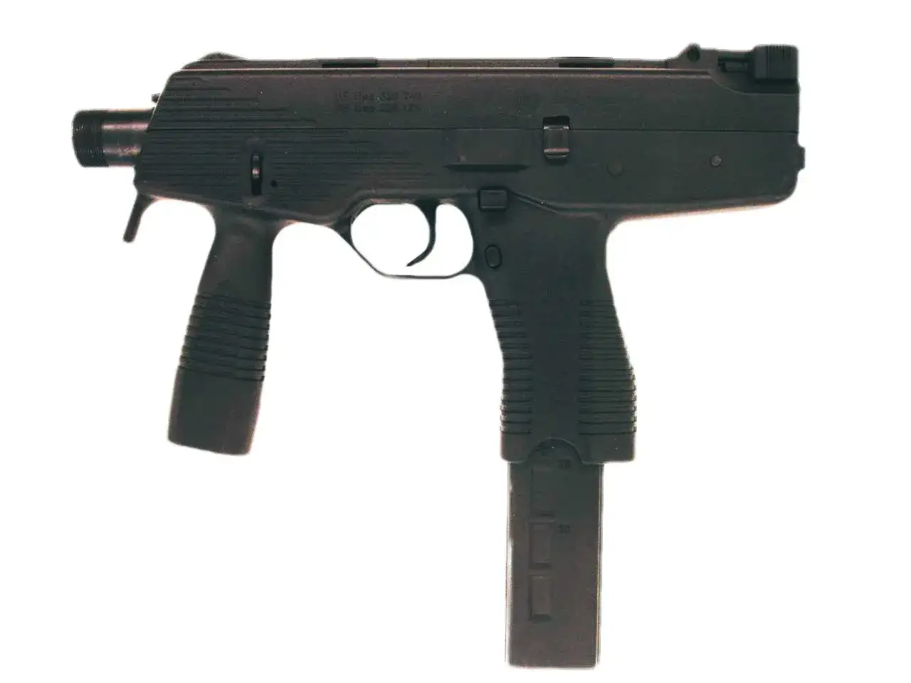 Mitraillette 9mm noire, compacte et tactique, pr&ecirc;te &agrave; l'action.