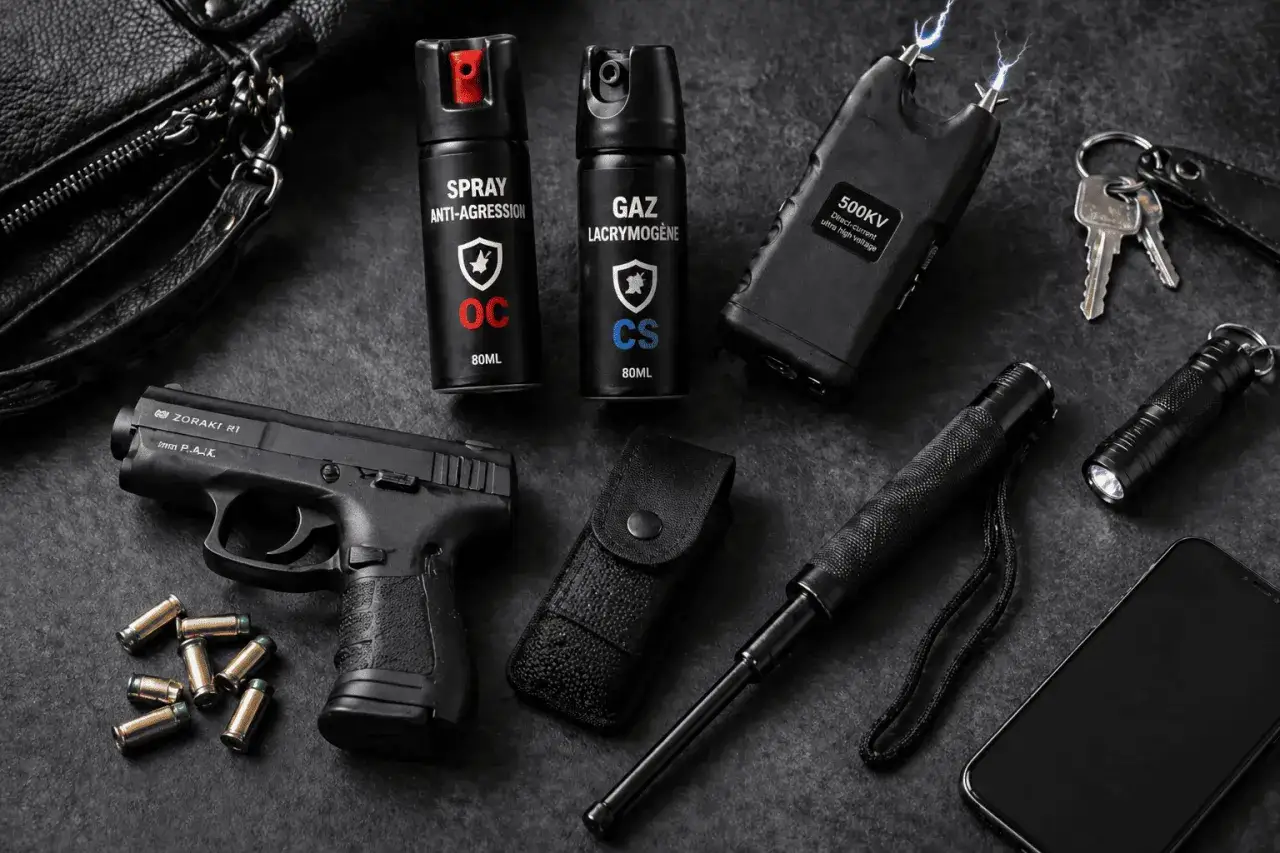 Pistolet, bombes lacrymog&egrave;nes, taser et matraque t&eacute;lescopique, un arsenal pour la d&eacute;fense personnelle.