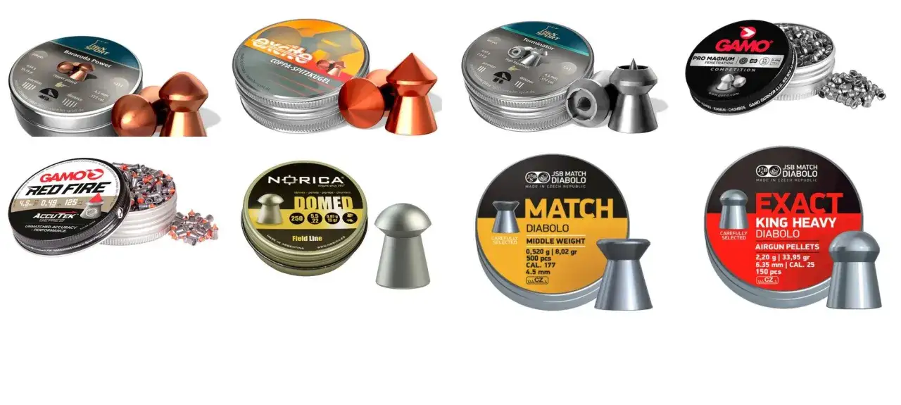 Plombs de carabine de diff&eacute;rents calibres, montrant la diff&eacute;rence plomb 4.5 et 5.5 mm. Des bo&icirc;tes de munitions de marques Gamo, Norica, H&N et JSB.