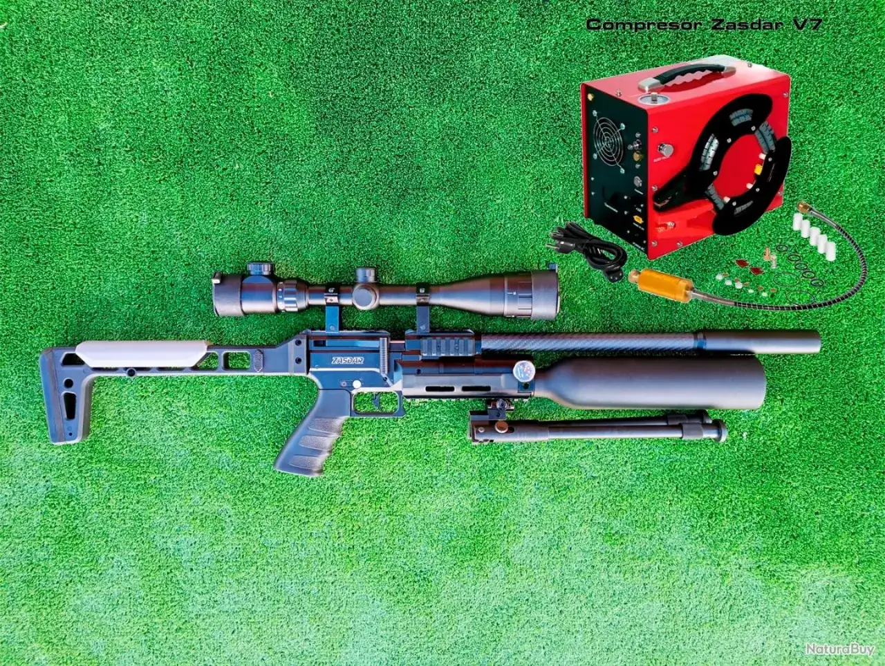 Carabine PCP, c'est quoi ? Un fusil &agrave; air comprim&eacute; pr&eacute;-charg&eacute; avec lunette et compresseur ZASDAR V7.