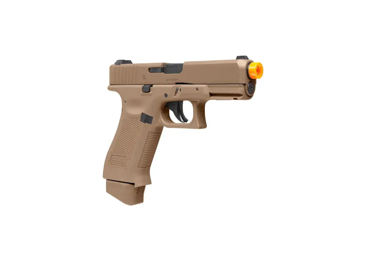 Pistolet CO2 couleur sable, avec embout orange. Ce pistolet CO2 le plus puissant est une réplique fidèle.