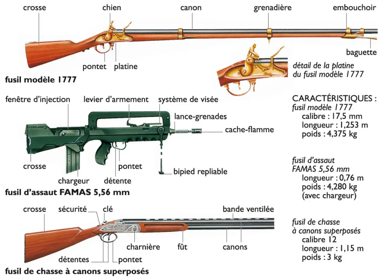 Comparaison de trois armes : un fusil &agrave; silex mod&egrave;le 1777, un fusil d'assaut FAMAS et un fusil de chasse &agrave; canons superpos&eacute;s.
