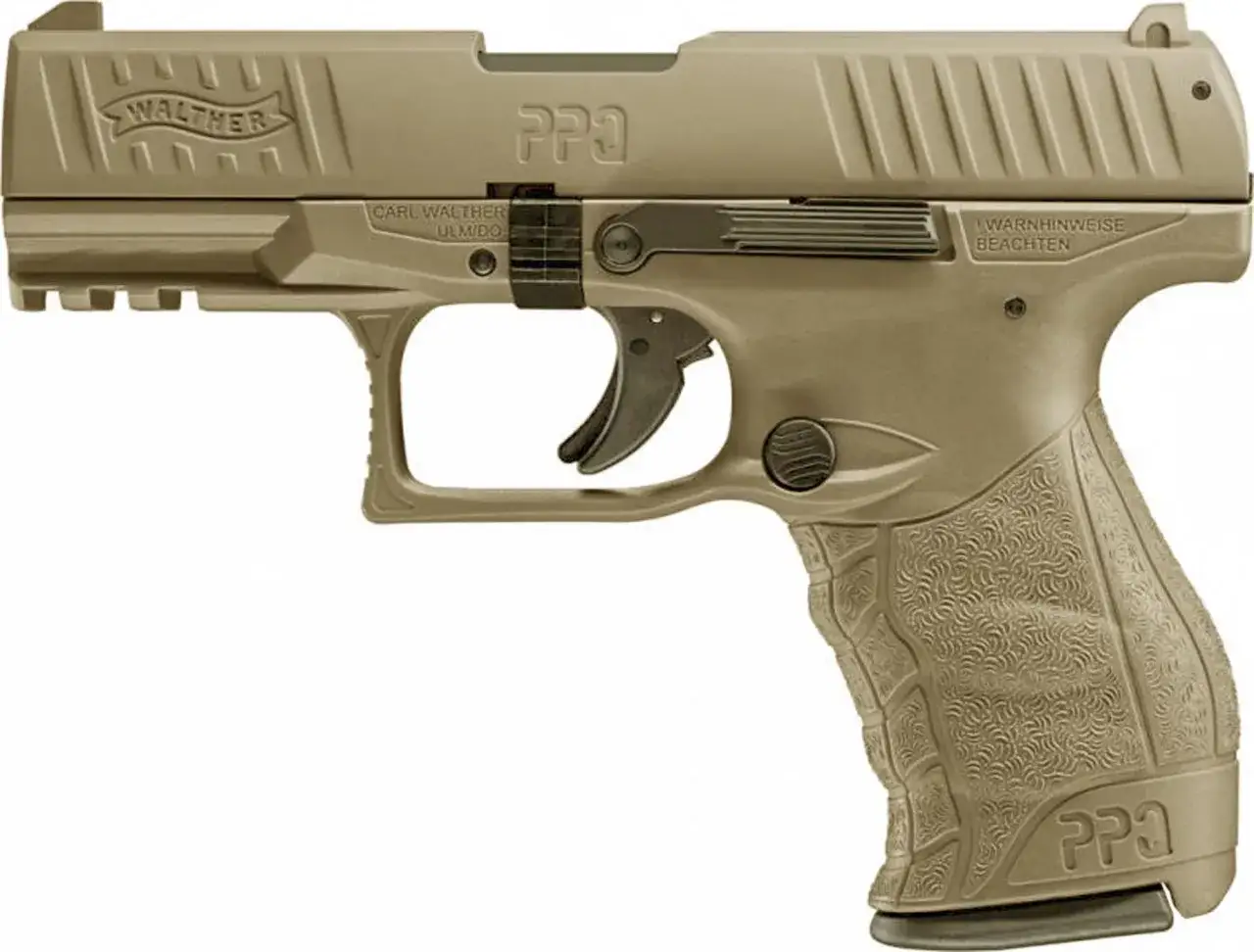 Un pistolet Walther PPQ, un interieur canon pistolet à blanc, de couleur sable, avec des marquages.