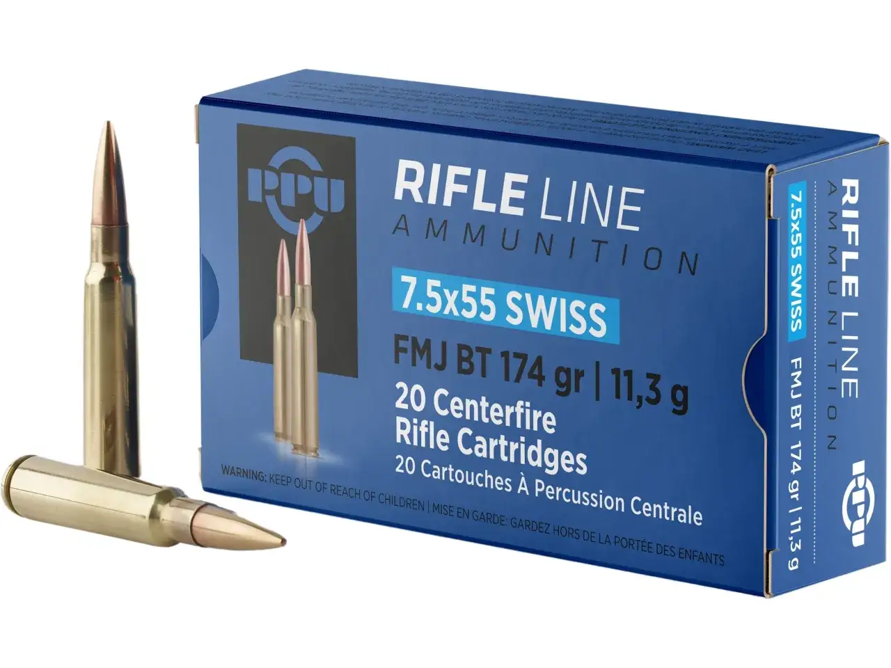 Boîte de munitions PPU 7.5x55 Swiss, avec trois cartouches FMJ BT 174 gr. Le gp11 est prêt pour le tir.