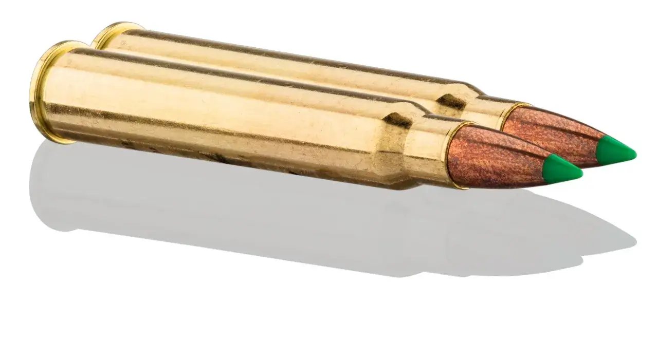 Deux cartouches dor&eacute;es avec des pointes vertes, &eacute;voquant le calibre 30R Blaser balistique.