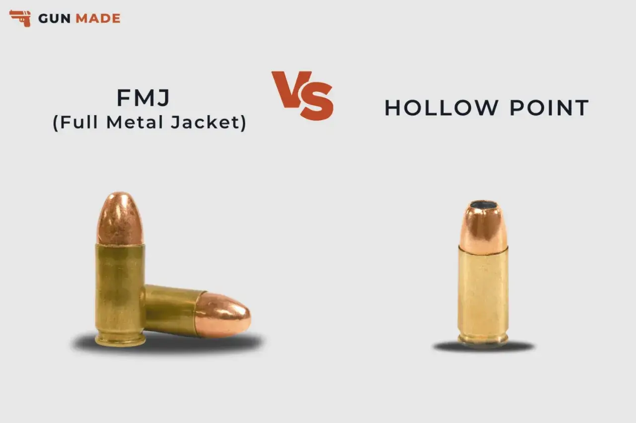 Comparaison entre une balle FMJ (entièrement chemisée) et une balle Hollow Point. La balle blindée FMJ est à gauche, la Hollow Point à droite.