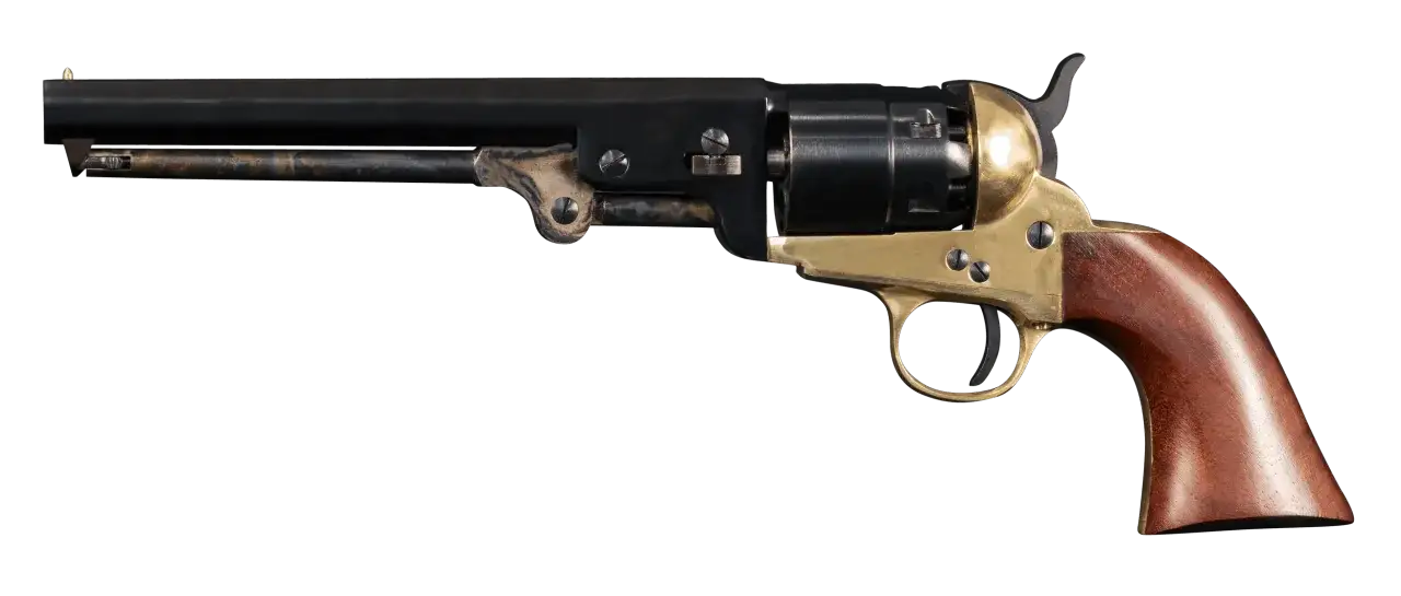 Pistolet à poudre noire, un objet historique dont la législation est complexe. Son design classique avec crosse en bois et détails dorés.