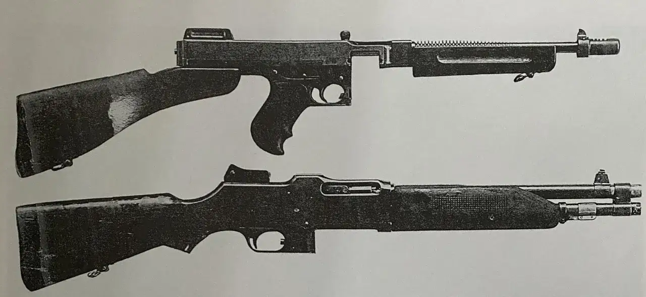 Deux fusils militaires, dont un bar m1918, sont pr&eacute;sent&eacute;s en gros plan sur fond gris.